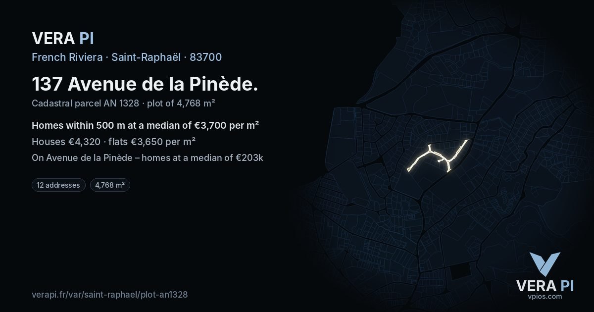 137 Avenue de la Pinède, Saint-Raphaël at night – the plot lit, the parcels around coloured by the prices near them