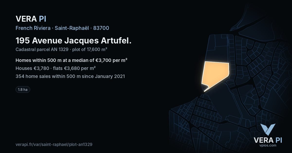 195 Avenue Jacques Artufel, Saint-Raphaël at night – the plot lit, the parcels around coloured by the prices near them