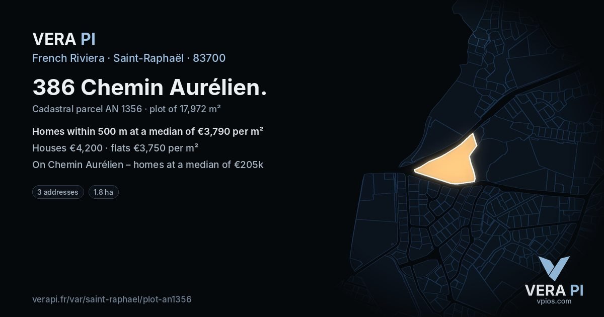 386 Chemin Aurélien, Saint-Raphaël at night – the plot lit, the parcels around coloured by the prices near them