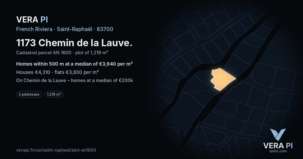 1173 Chemin de la Lauve, Saint-Raphaël at night – the plot lit, the parcels around coloured by the prices near them