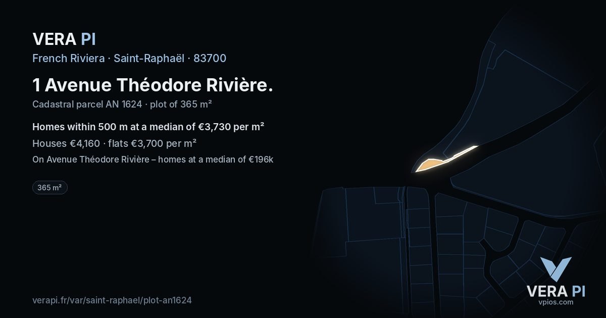 1 Avenue Théodore Rivière, Saint-Raphaël at night – the plot lit, the parcels around coloured by the prices near them