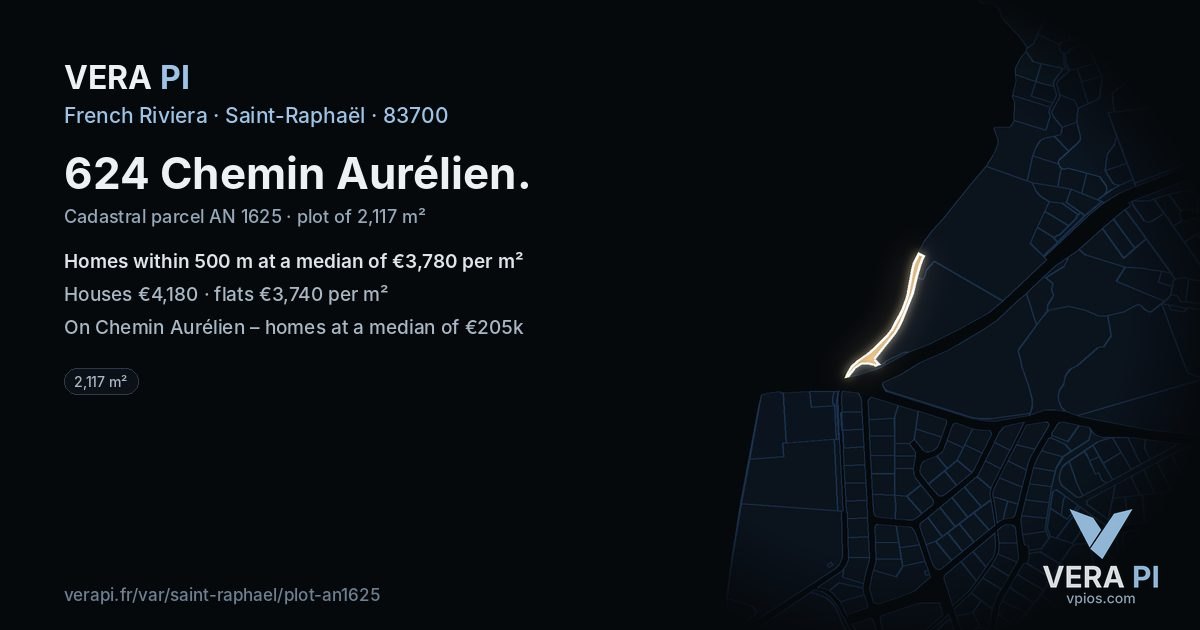 624 Chemin Aurélien, Saint-Raphaël at night – the plot lit, the parcels around coloured by the prices near them