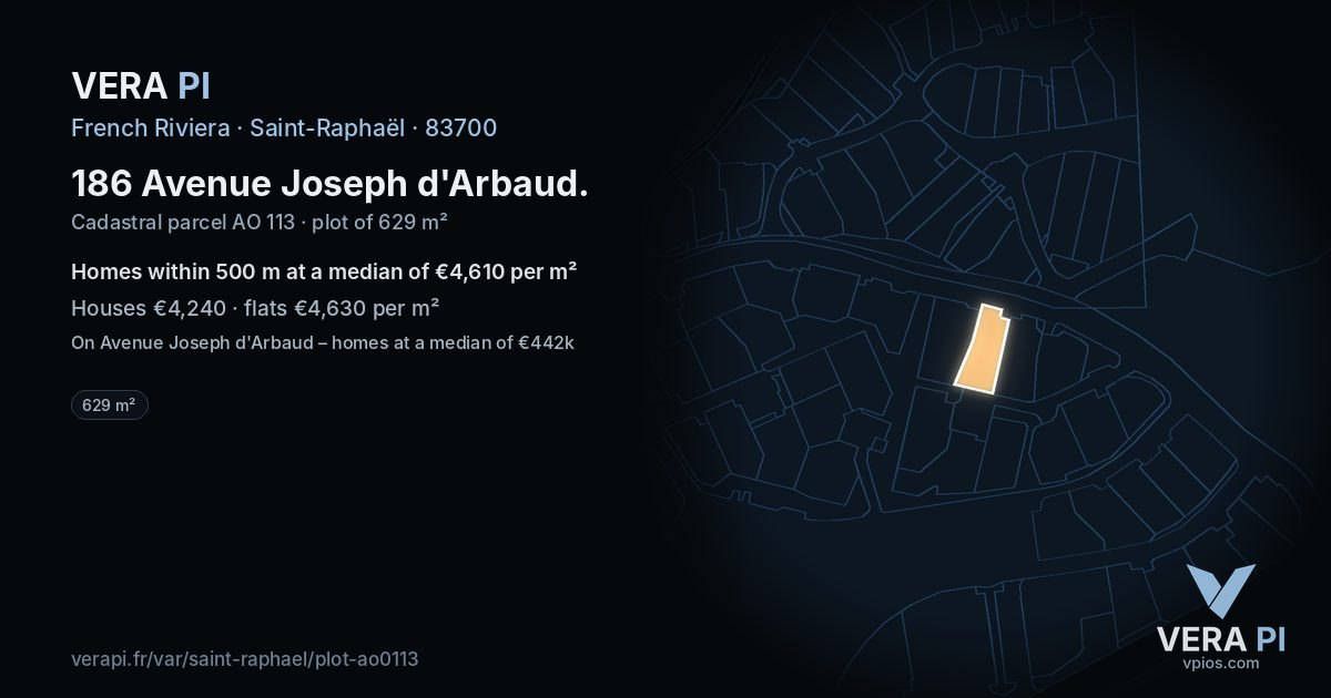 186 Avenue Joseph d'Arbaud, Saint-Raphaël at night – the plot lit, the parcels around coloured by the prices near them
