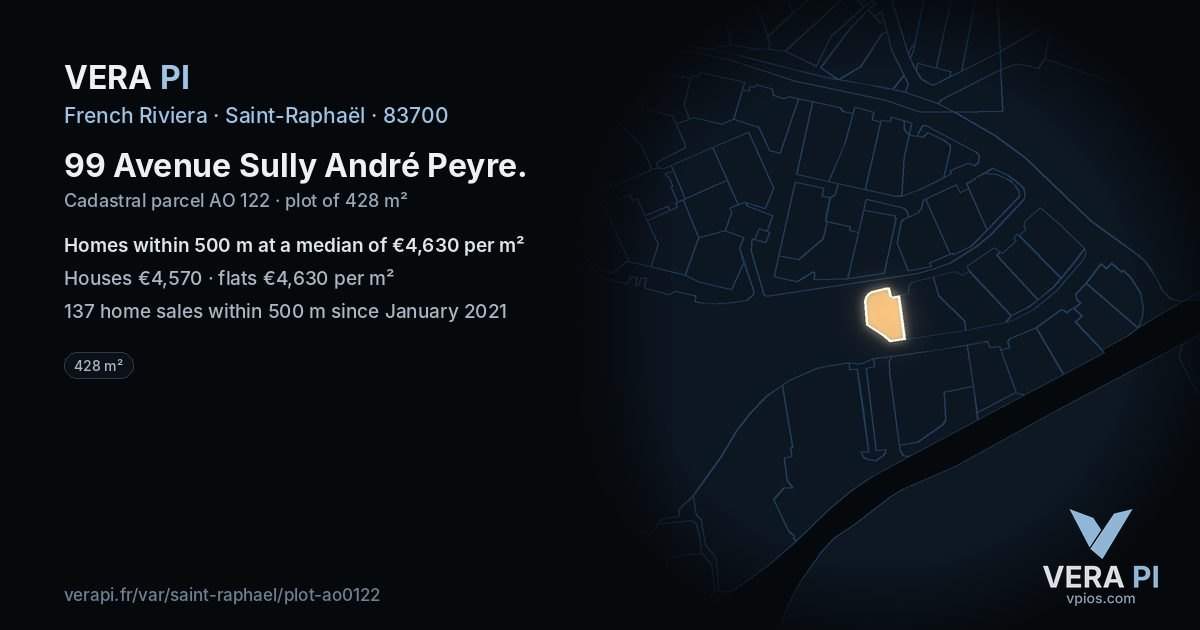99 Avenue Sully André Peyre, Saint-Raphaël at night – the plot lit, the parcels around coloured by the prices near them