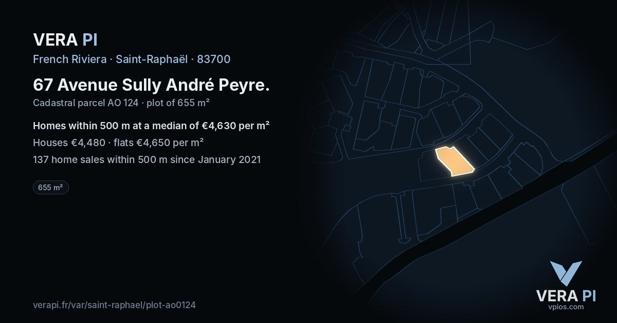 67 Avenue Sully André Peyre, Saint-Raphaël at night – the plot lit, the parcels around coloured by the prices near them