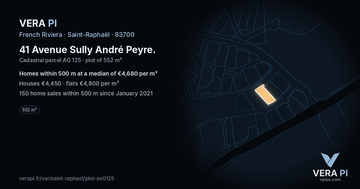 41 Avenue Sully André Peyre, Saint-Raphaël at night – the plot lit, the parcels around coloured by the prices near them