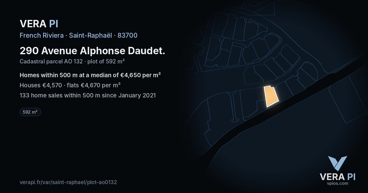 290 Avenue Alphonse Daudet, Saint-Raphaël at night – the plot lit, the parcels around coloured by the prices near them