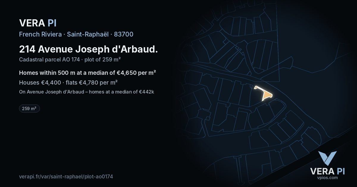 214 Avenue Joseph d'Arbaud, Saint-Raphaël at night – the plot lit, the parcels around coloured by the prices near them