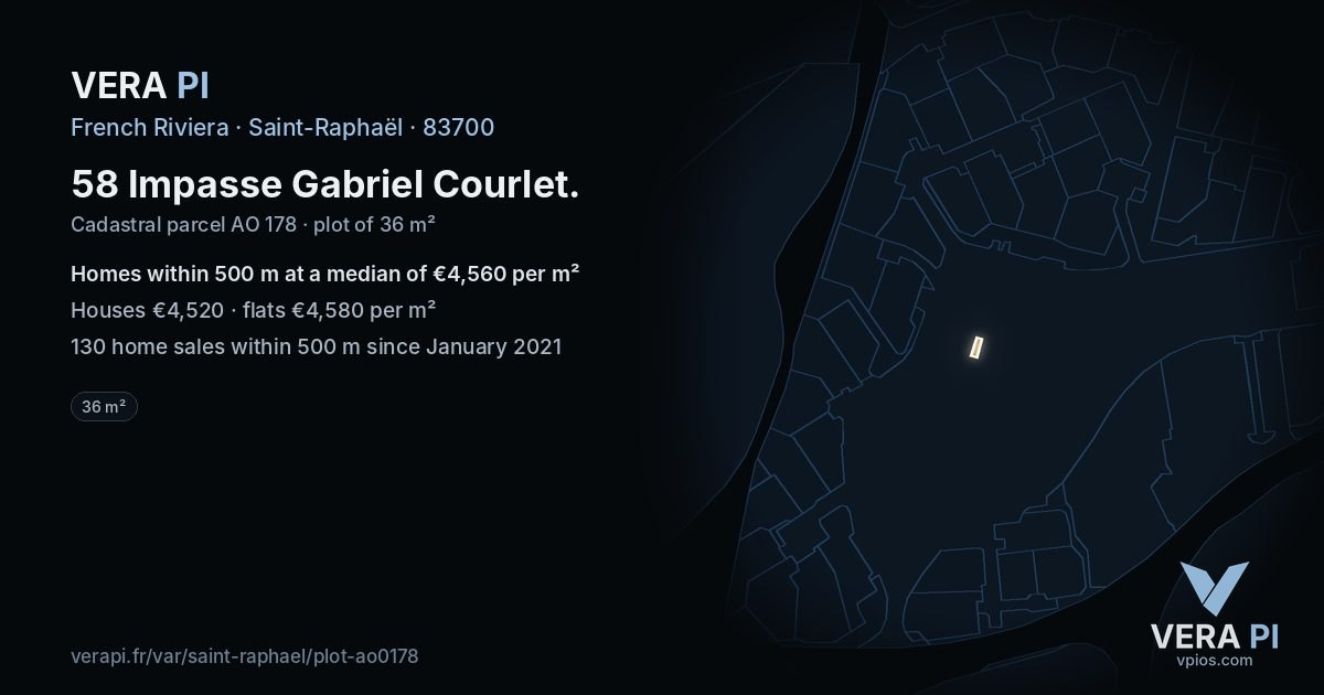 58 Impasse Gabriel Courlet, Saint-Raphaël at night – the plot lit, the parcels around coloured by the prices near them
