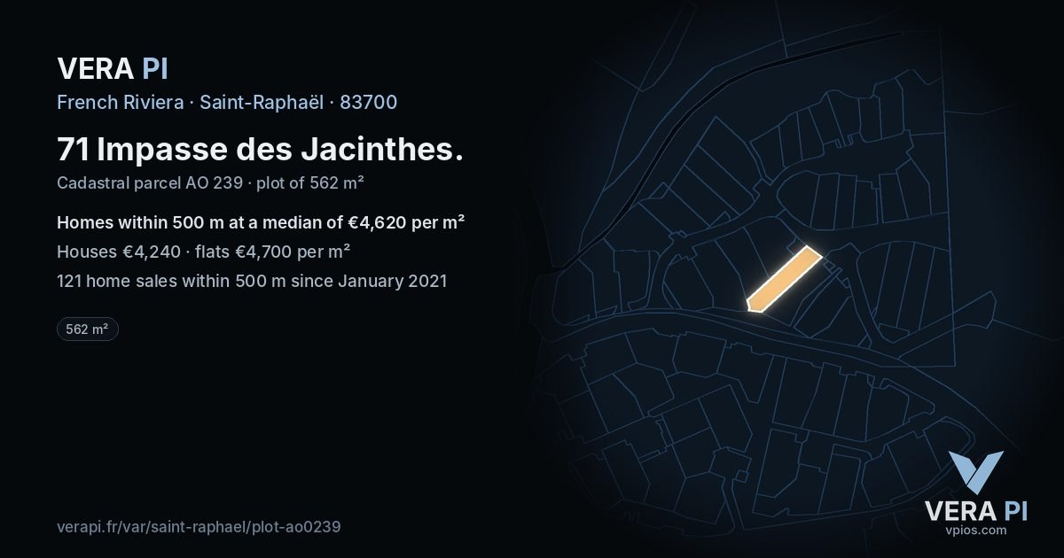 71 Impasse des Jacinthes, Saint-Raphaël at night – the plot lit, the parcels around coloured by the prices near them