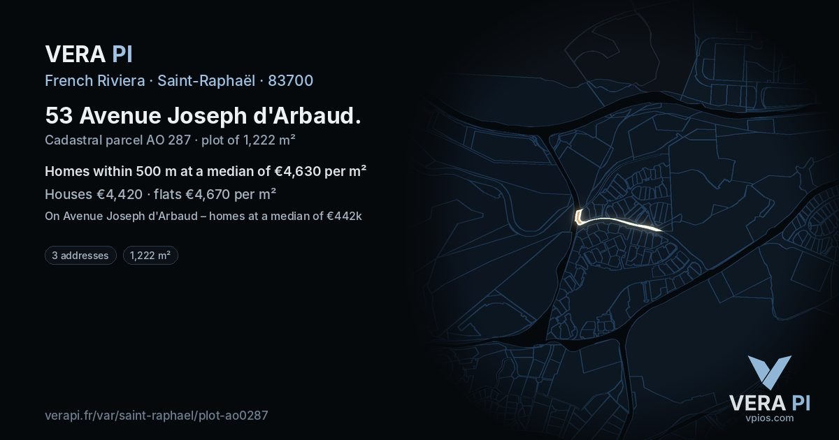 53 Avenue Joseph d'Arbaud, Saint-Raphaël at night – the plot lit, the parcels around coloured by the prices near them