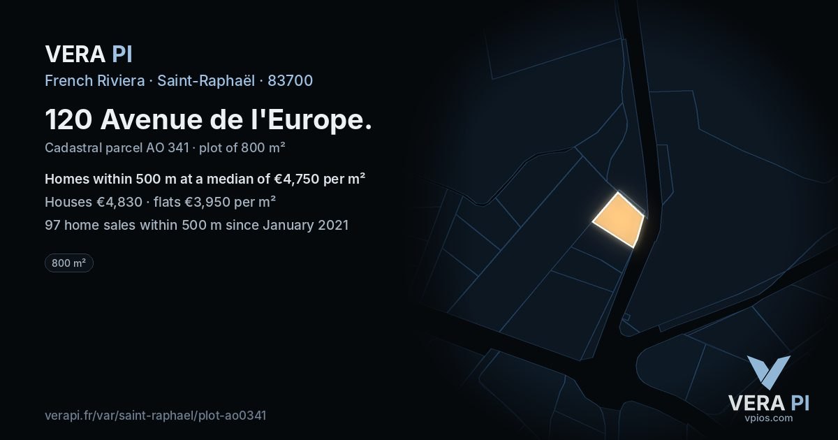 120 Avenue de l'Europe, Saint-Raphaël at night – the plot lit, the parcels around coloured by the prices near them