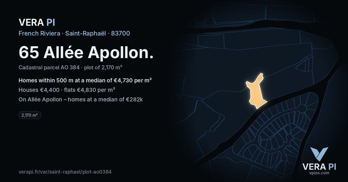 65 Allée Apollon, Saint-Raphaël at night – the plot lit, the parcels around coloured by the prices near them