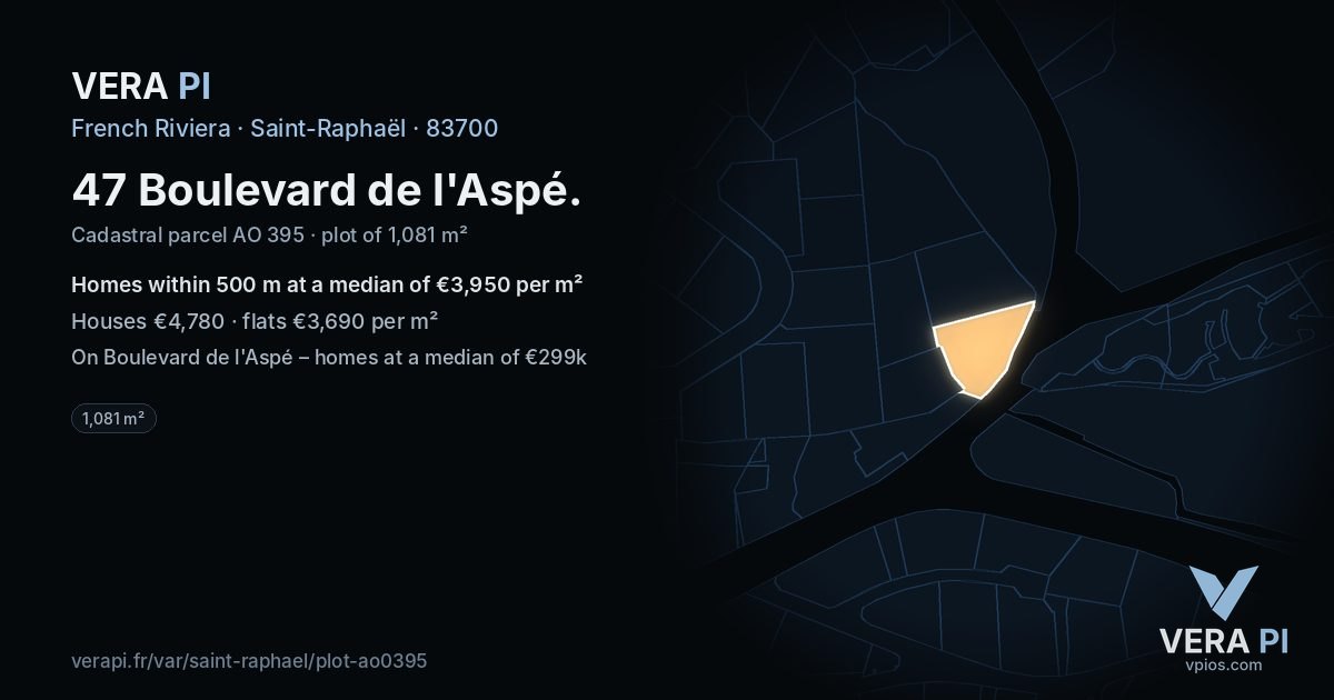 47 Boulevard de l'Aspé, Saint-Raphaël at night – the plot lit, the parcels around coloured by the prices near them