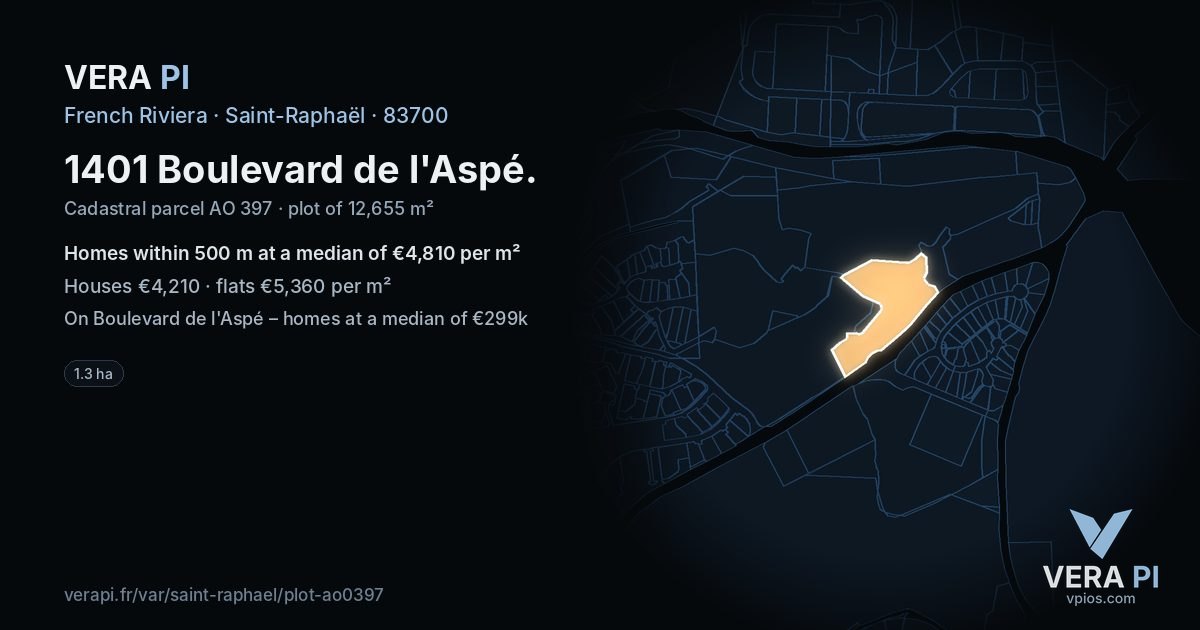 1401 Boulevard de l'Aspé, Saint-Raphaël at night – the plot lit, the parcels around coloured by the prices near them