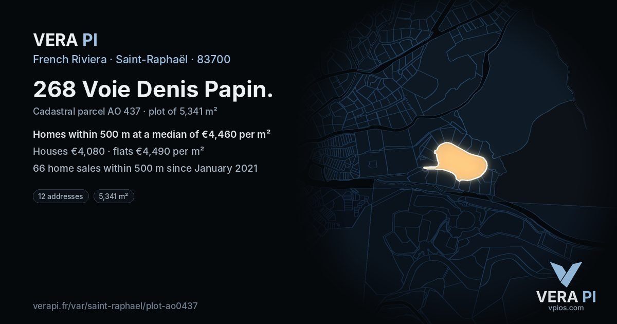 268 Voie Denis Papin, Saint-Raphaël at night – the plot lit, the parcels around coloured by the prices near them