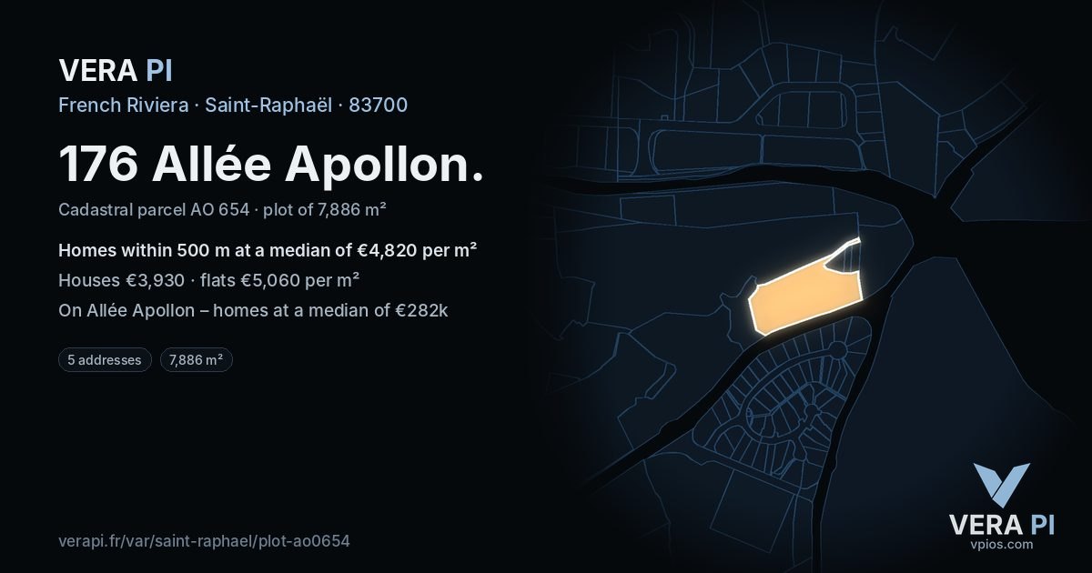 176 Allée Apollon, Saint-Raphaël at night – the plot lit, the parcels around coloured by the prices near them