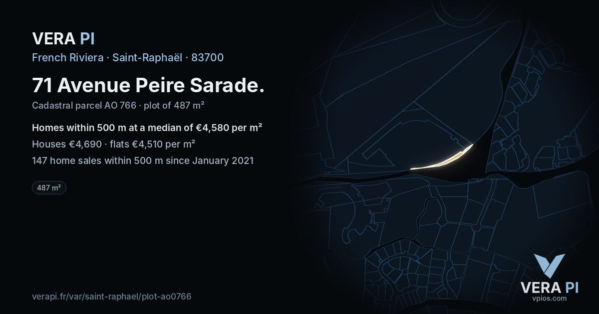 71 Avenue Peire Sarade, Saint-Raphaël at night – the plot lit, the parcels around coloured by the prices near them