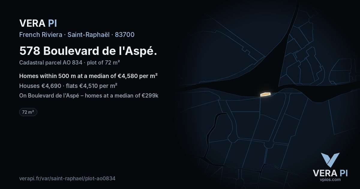 578 Boulevard de l'Aspé, Saint-Raphaël at night – the plot lit, the parcels around coloured by the prices near them