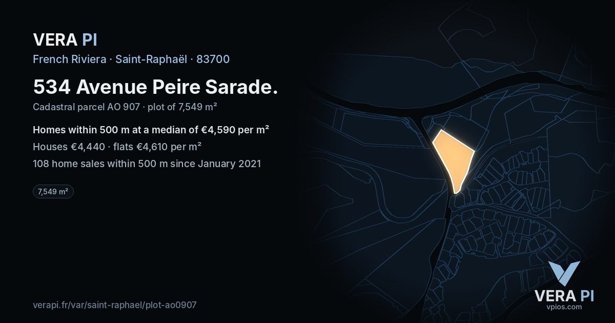 534 Avenue Peire Sarade, Saint-Raphaël at night – the plot lit, the parcels around coloured by the prices near them