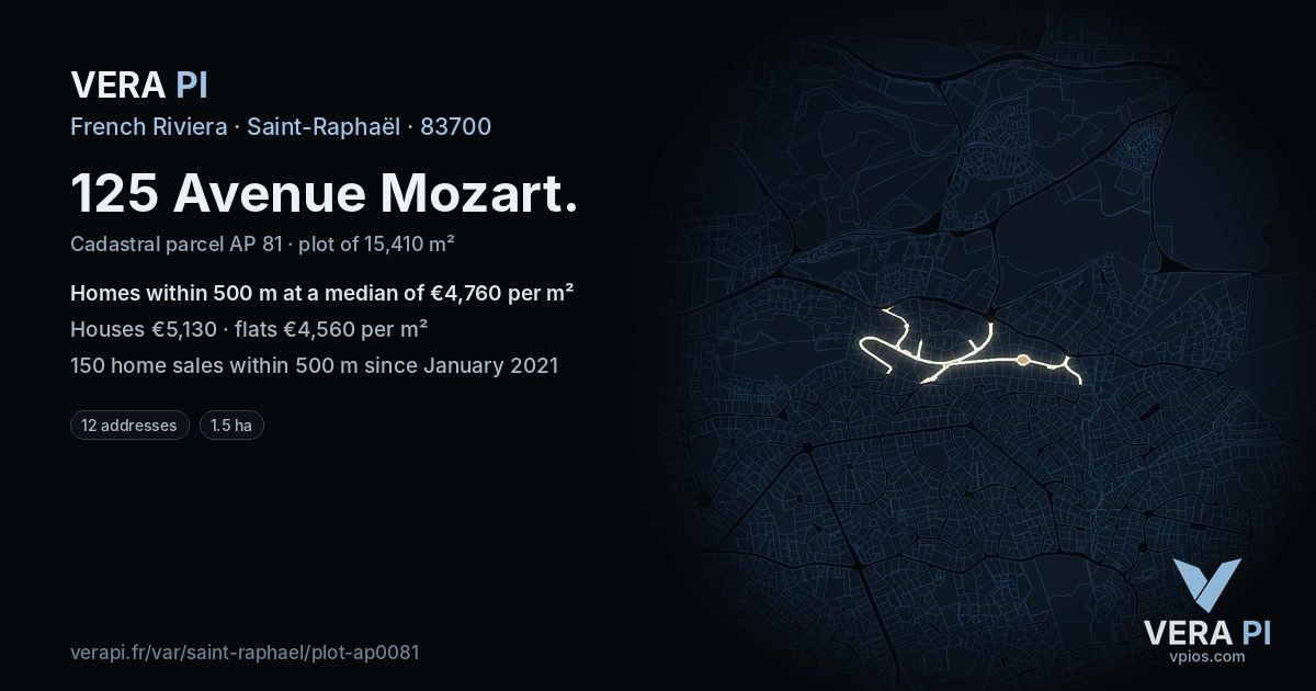 125 Avenue Mozart, Saint-Raphaël at night – the plot lit, the parcels around coloured by the prices near them