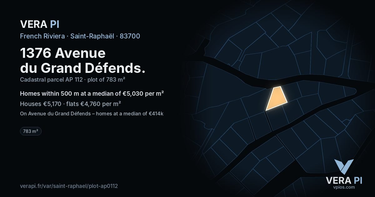 1376 Avenue du Grand Défends, Saint-Raphaël at night – the plot lit, the parcels around coloured by the prices near them