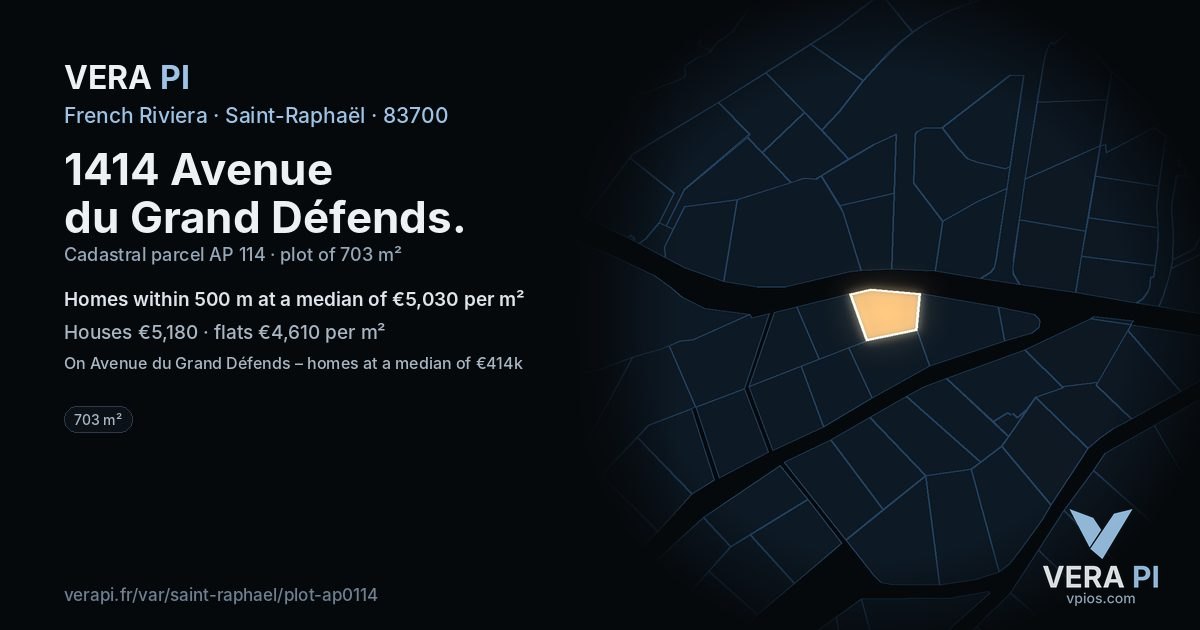1414 Avenue du Grand Défends, Saint-Raphaël at night – the plot lit, the parcels around coloured by the prices near them