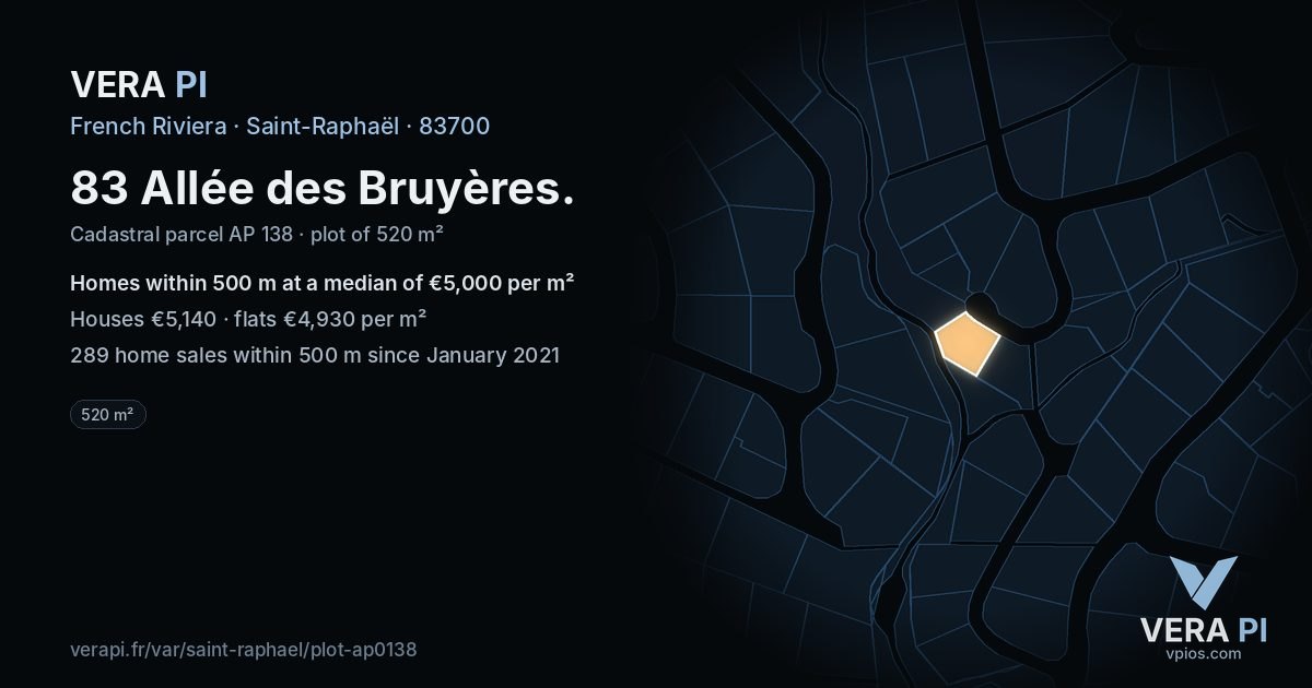 83 Allée des Bruyères, Saint-Raphaël at night – the plot lit, the parcels around coloured by the prices near them