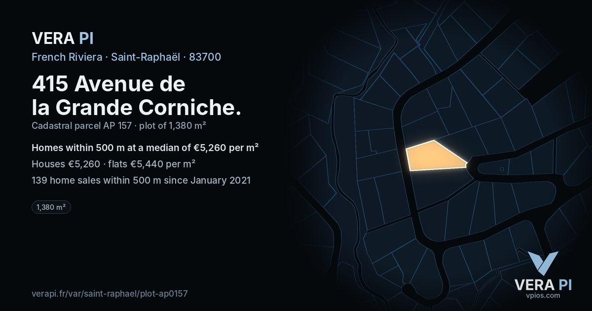 415 Avenue de la Grande Corniche, Saint-Raphaël at night – the plot lit, the parcels around coloured by the prices near them