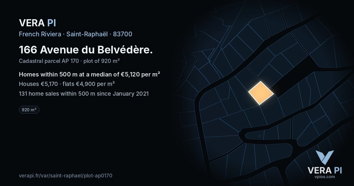 166 Avenue du Belvédère, Saint-Raphaël at night – the plot lit, the parcels around coloured by the prices near them