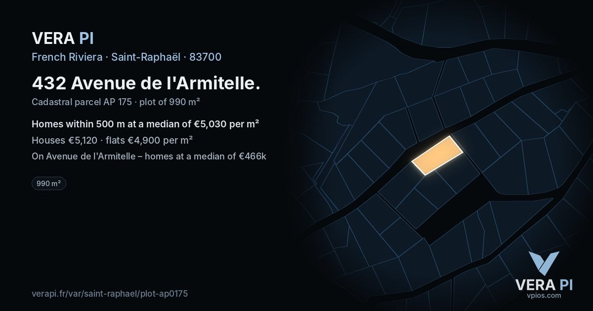 432 Avenue de l'Armitelle, Saint-Raphaël at night – the plot lit, the parcels around coloured by the prices near them