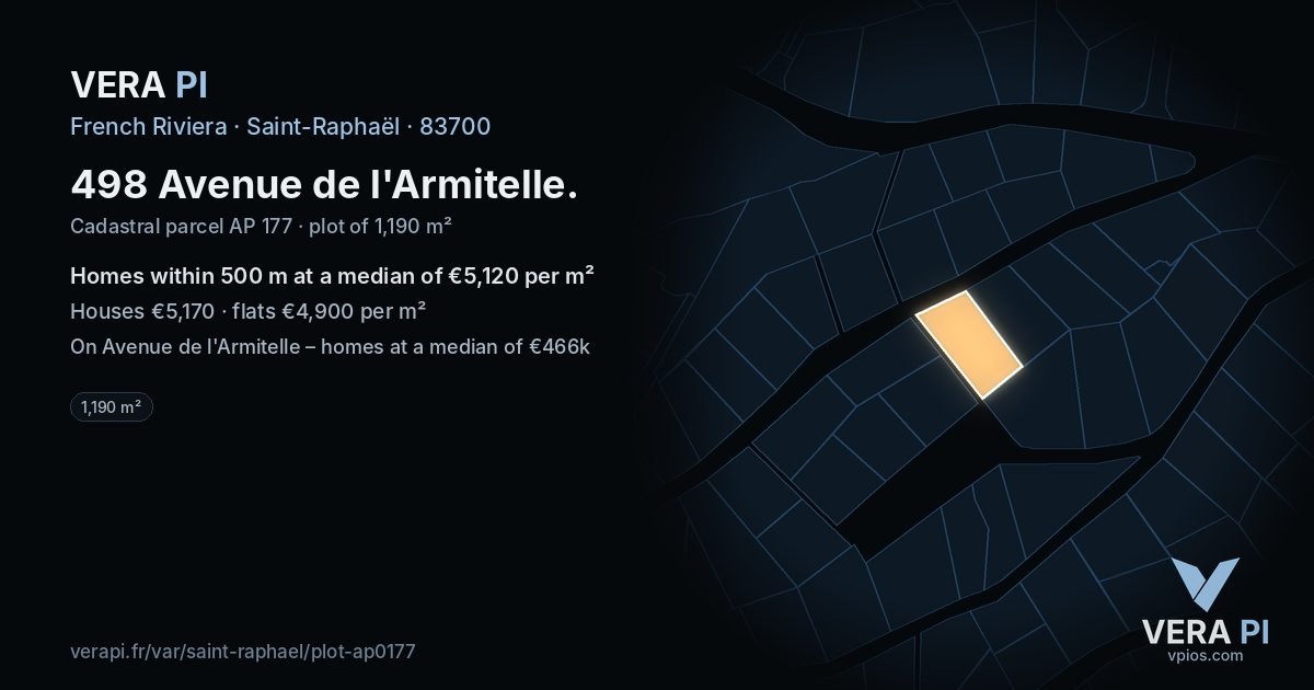 498 Avenue de l'Armitelle, Saint-Raphaël at night – the plot lit, the parcels around coloured by the prices near them