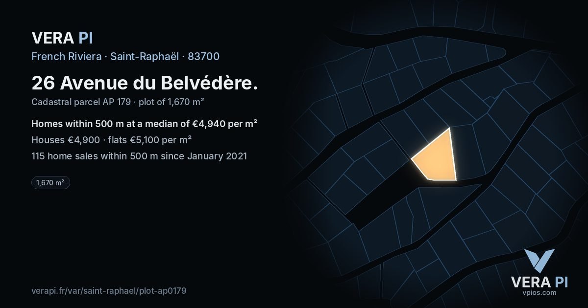 26 Avenue du Belvédère, Saint-Raphaël at night – the plot lit, the parcels around coloured by the prices near them
