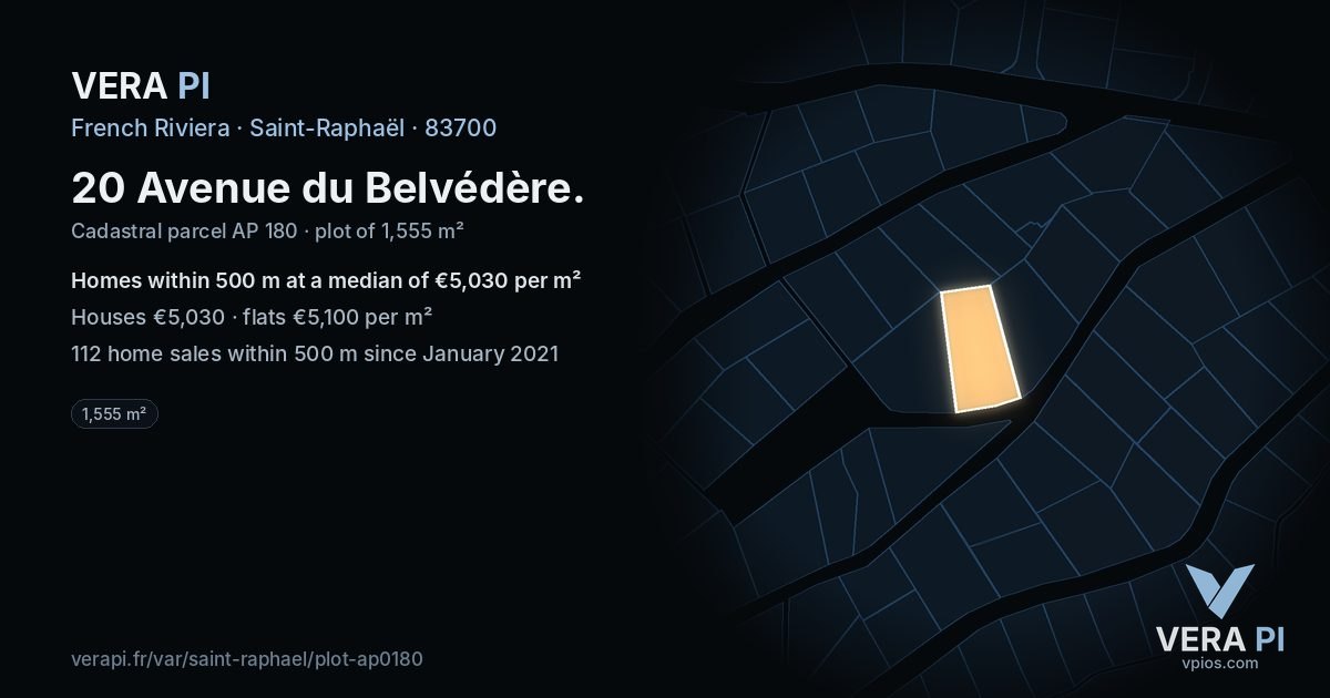 20 Avenue du Belvédère, Saint-Raphaël at night – the plot lit, the parcels around coloured by the prices near them