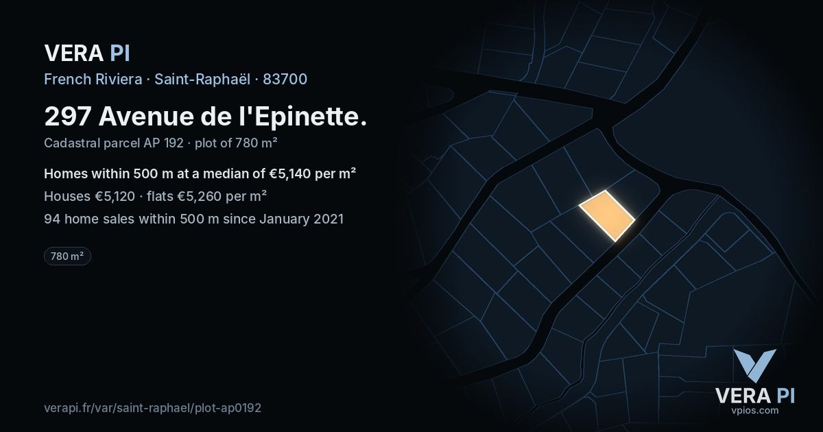 297 Avenue de l'Epinette, Saint-Raphaël at night – the plot lit, the parcels around coloured by the prices near them