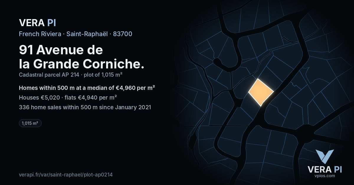 91 Avenue de la Grande Corniche, Saint-Raphaël at night – the plot lit, the parcels around coloured by the prices near them