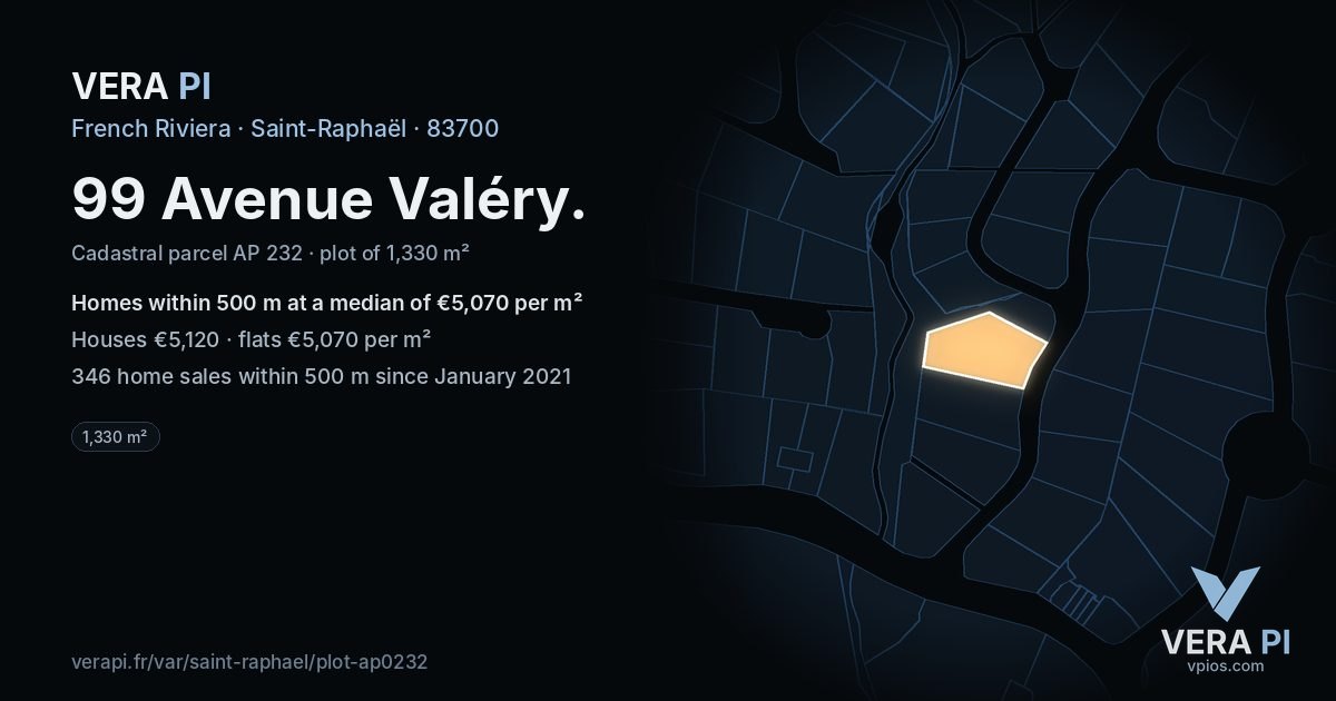 99 Avenue Valéry, Saint-Raphaël at night – the plot lit, the parcels around coloured by the prices near them