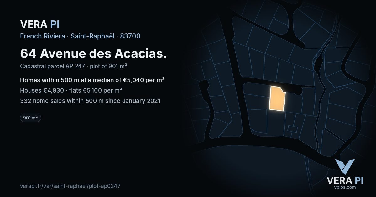 64 Avenue des Acacias, Saint-Raphaël at night – the plot lit, the parcels around coloured by the prices near them