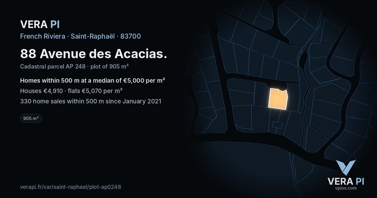 88 Avenue des Acacias, Saint-Raphaël at night – the plot lit, the parcels around coloured by the prices near them