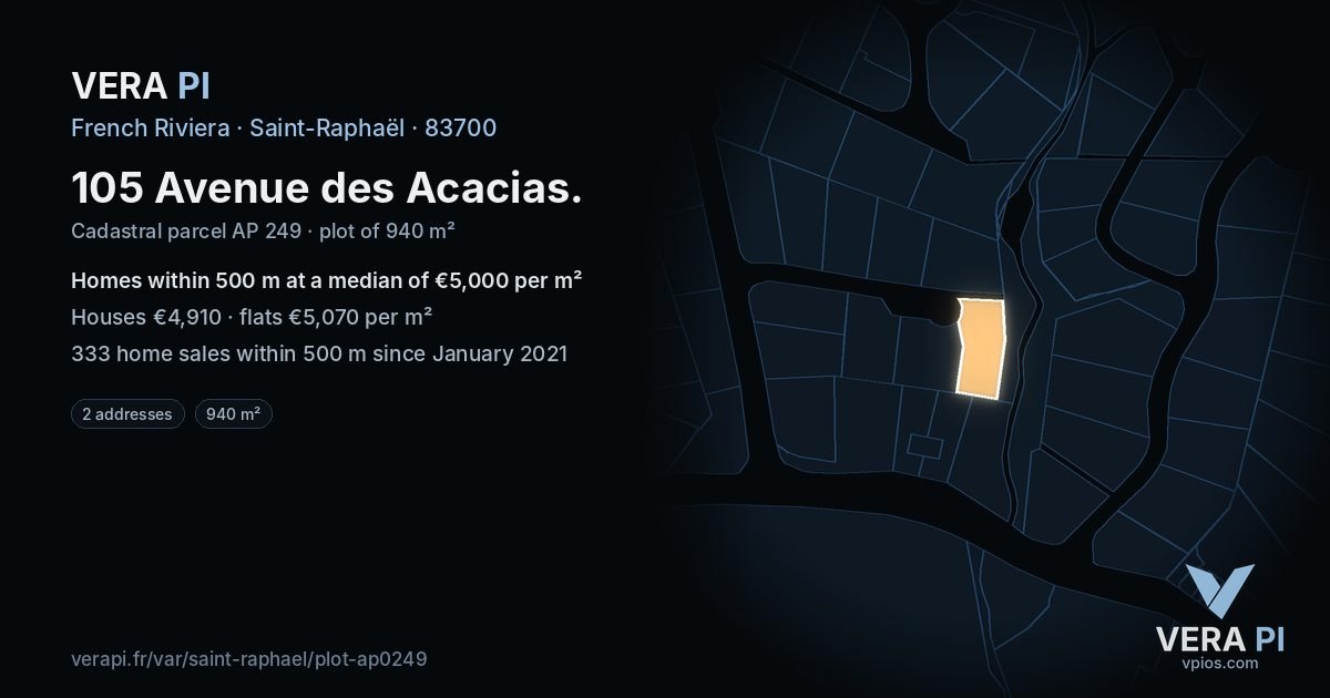 105 Avenue des Acacias, Saint-Raphaël at night – the plot lit, the parcels around coloured by the prices near them