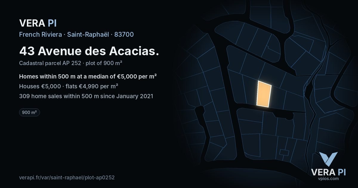 43 Avenue des Acacias, Saint-Raphaël at night – the plot lit, the parcels around coloured by the prices near them
