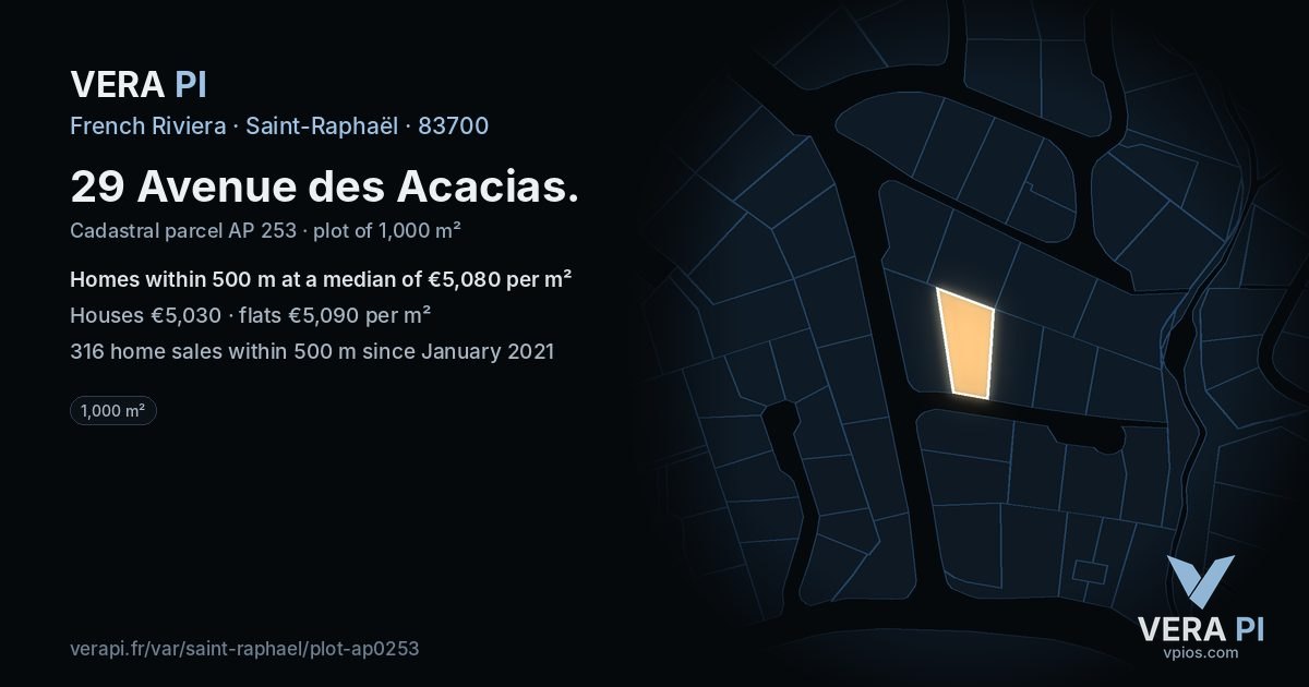29 Avenue des Acacias, Saint-Raphaël at night – the plot lit, the parcels around coloured by the prices near them