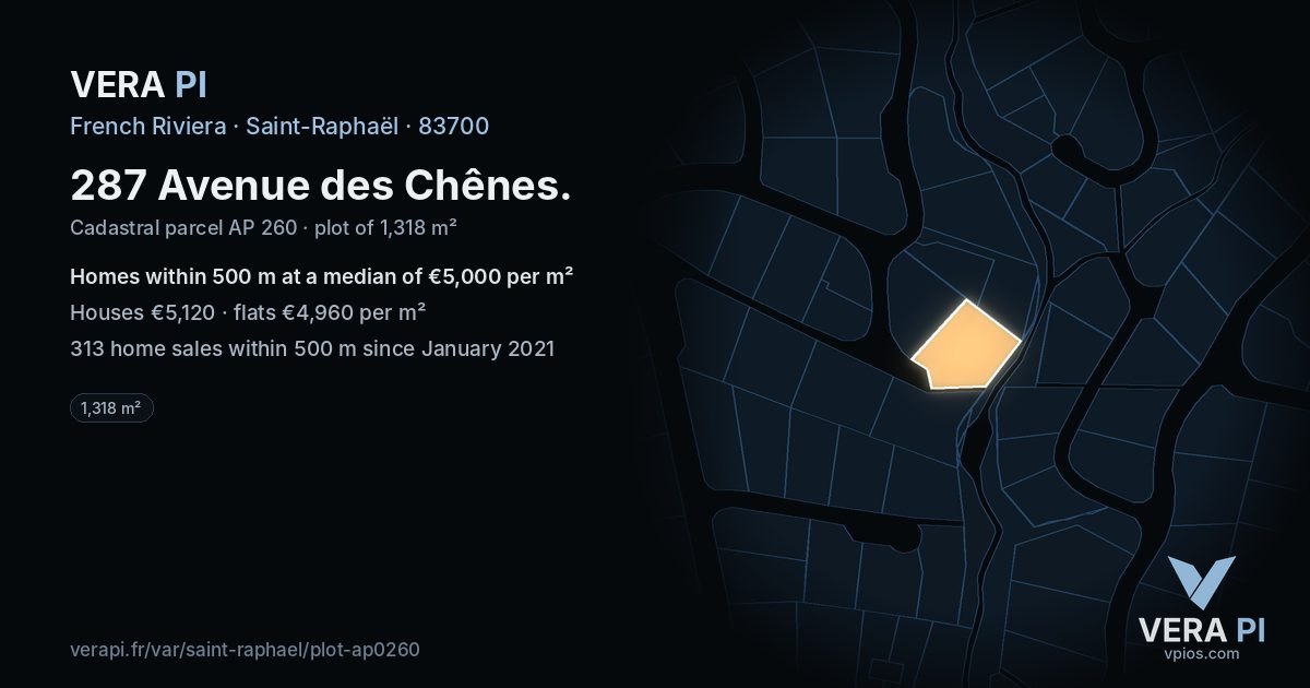 287 Avenue des Chênes, Saint-Raphaël at night – the plot lit, the parcels around coloured by the prices near them
