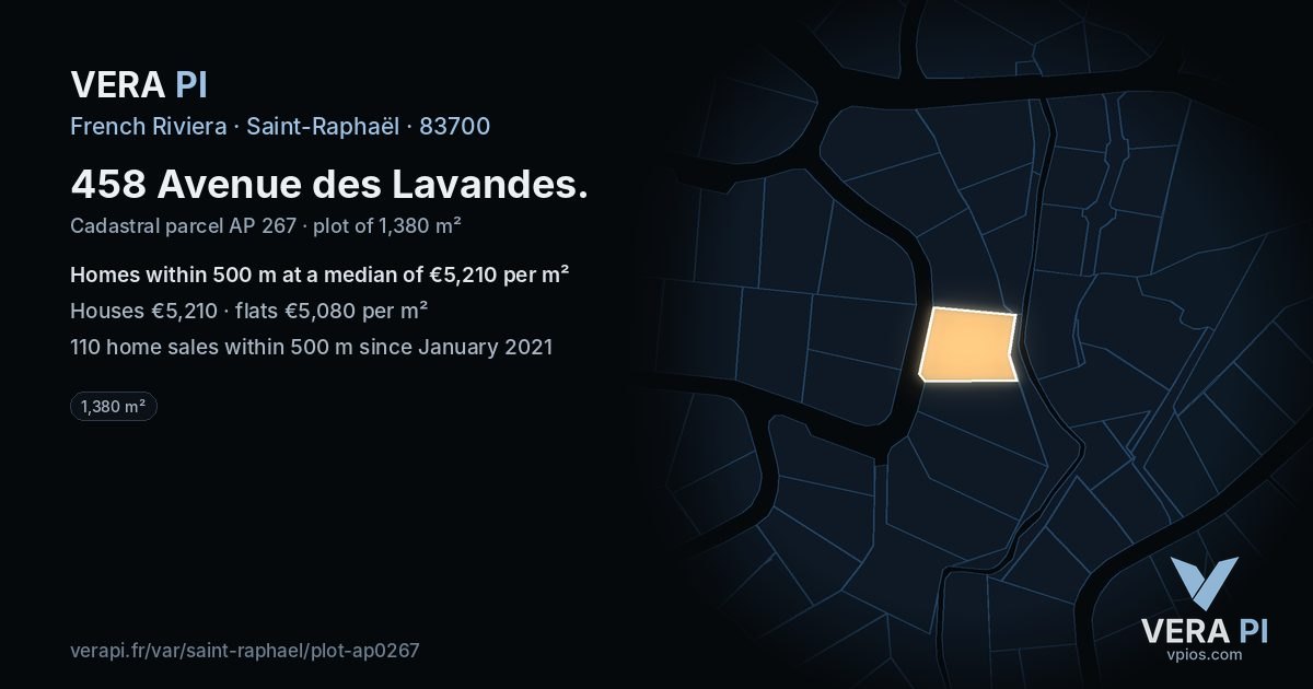 458 Avenue des Lavandes, Saint-Raphaël at night – the plot lit, the parcels around coloured by the prices near them