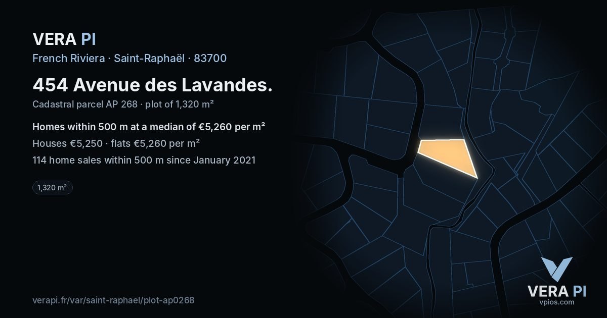 454 Avenue des Lavandes, Saint-Raphaël at night – the plot lit, the parcels around coloured by the prices near them