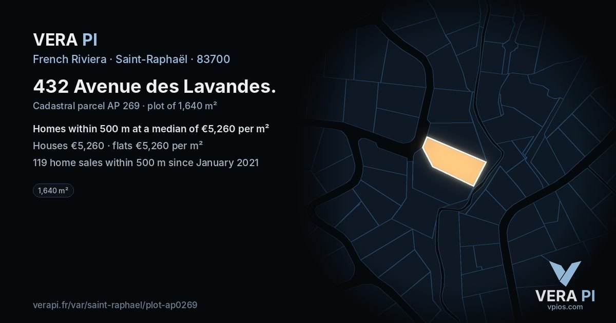 432 Avenue des Lavandes, Saint-Raphaël at night – the plot lit, the parcels around coloured by the prices near them