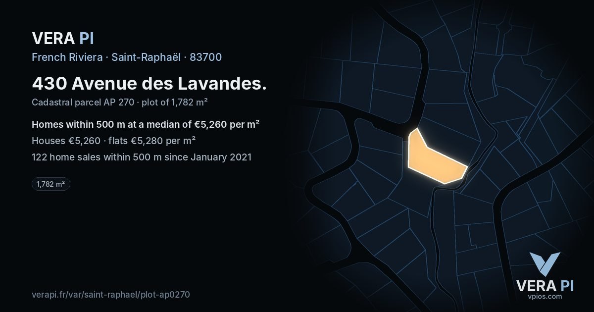 430 Avenue des Lavandes, Saint-Raphaël at night – the plot lit, the parcels around coloured by the prices near them