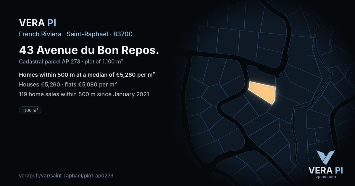 43 Avenue du Bon Repos, Saint-Raphaël at night – the plot lit, the parcels around coloured by the prices near them
