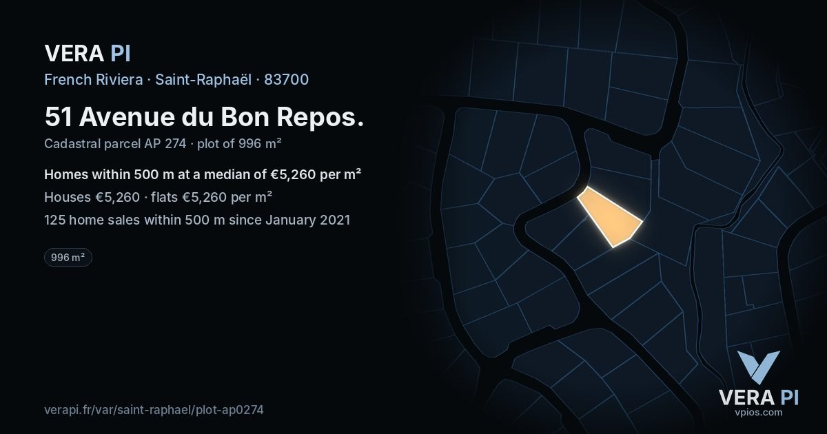 51 Avenue du Bon Repos, Saint-Raphaël at night – the plot lit, the parcels around coloured by the prices near them