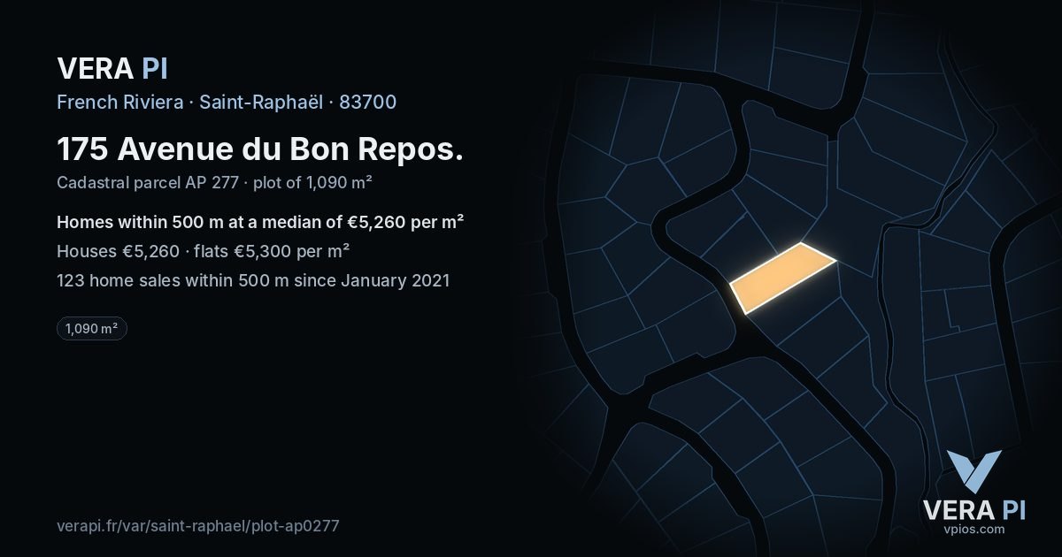 175 Avenue du Bon Repos, Saint-Raphaël at night – the plot lit, the parcels around coloured by the prices near them